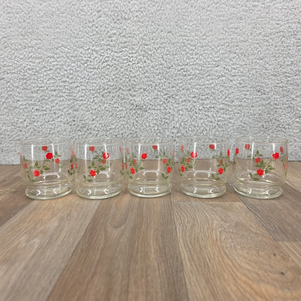 Vintage Red Rose Print Juice Glasses Set of 5 Clear Floral Tumblers 3.25in